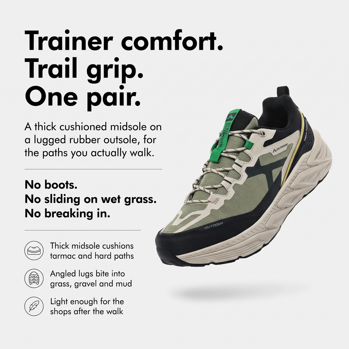 Trainer comfort, trail grip, one pair: thick cushioned midsole on a lugged rubber outsole, Terrabound Men's Trail Shoes infographic