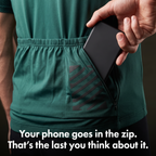 A phone sliding into the zipped rear pocket of the cycling jersey
