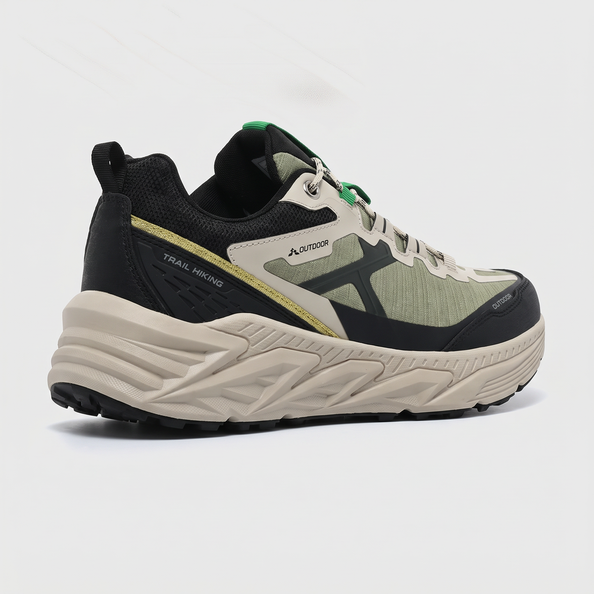 Terrabound Men's Trail Shoes in Olive, thick sculpted midsole and lugged outsole edge from a low rear angle