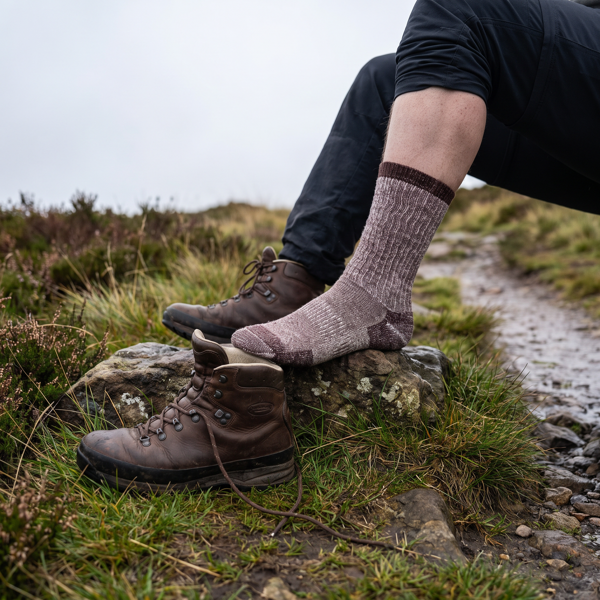 Walker on a hill path wearing the merino wool socks