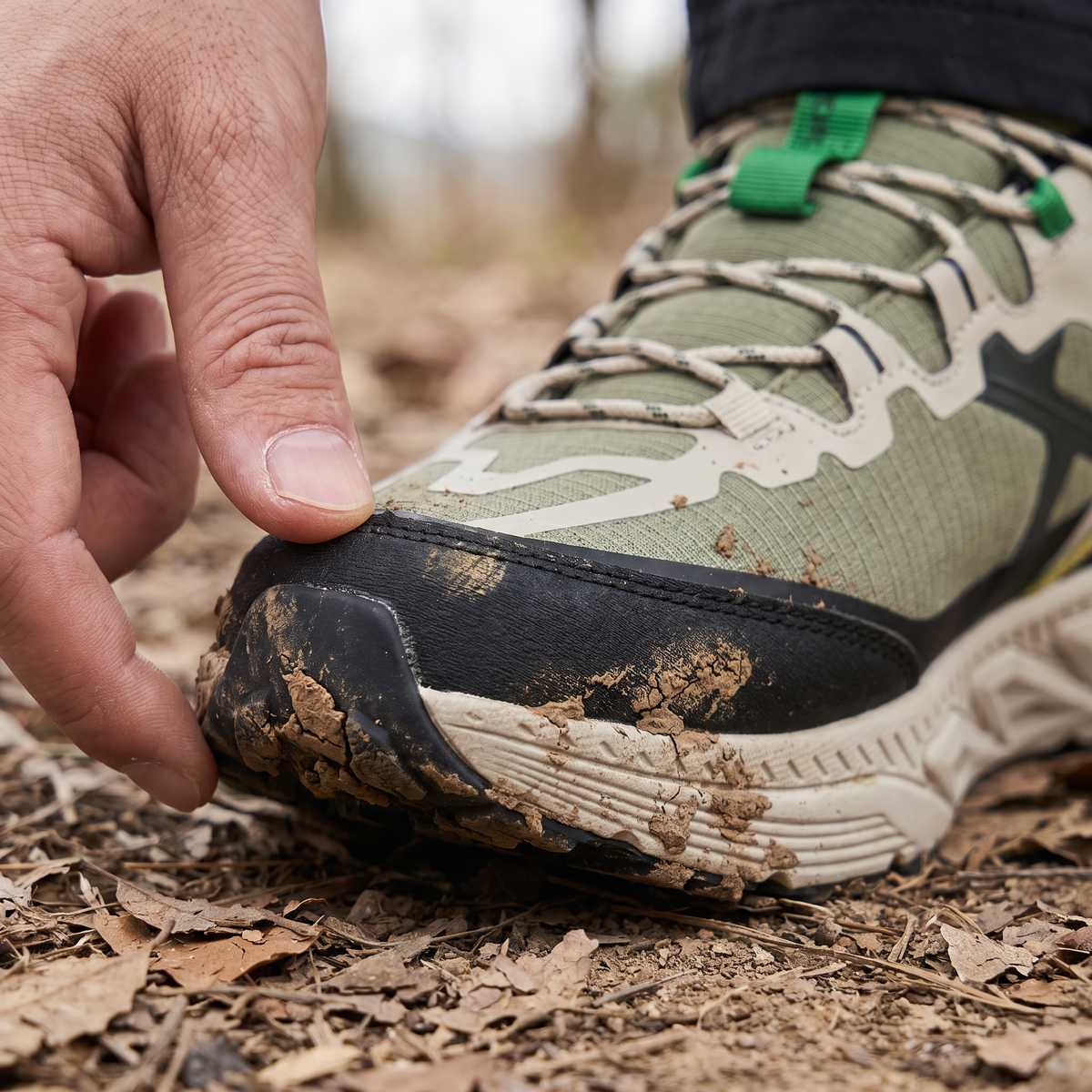 Close-up of the rubber toe bumper and ripstop mesh upper on Terrabound Men's Trail Shoes, brushing off dried mud