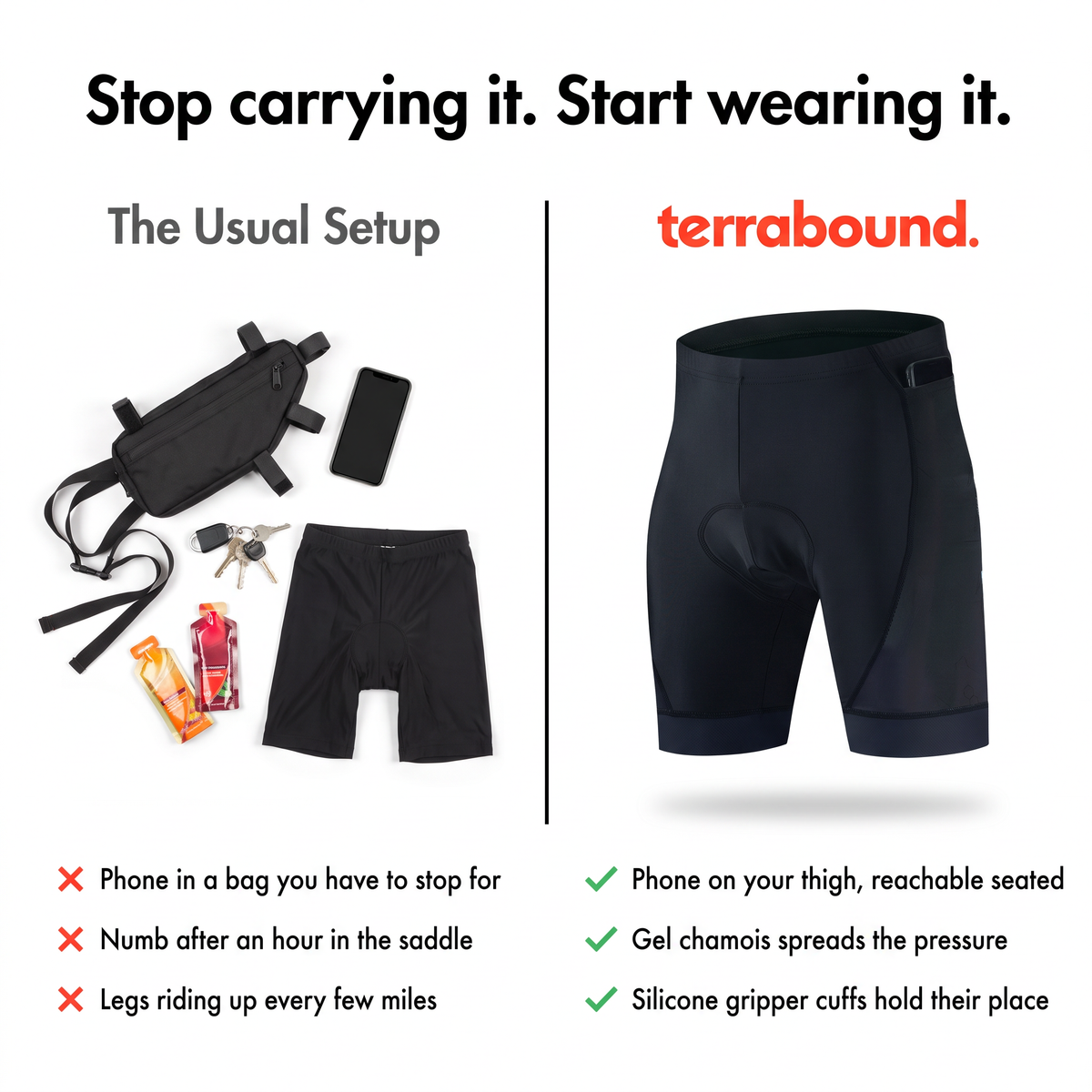 The usual frame bag setup compared with the padded cycling shorts