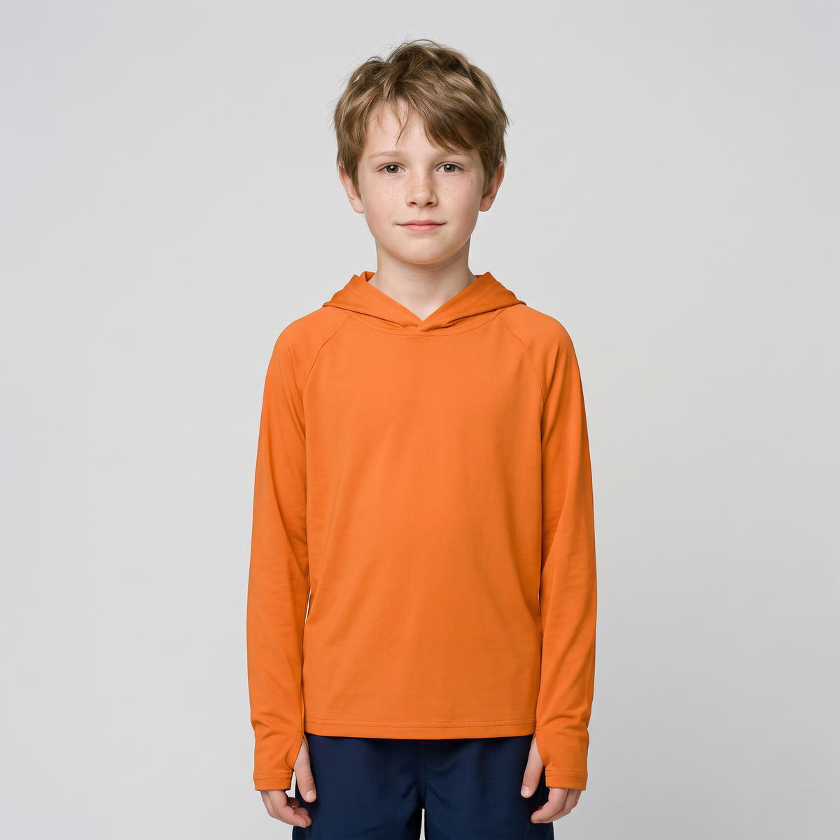 Kids' Sun Hoodie in Orange, front view on a child