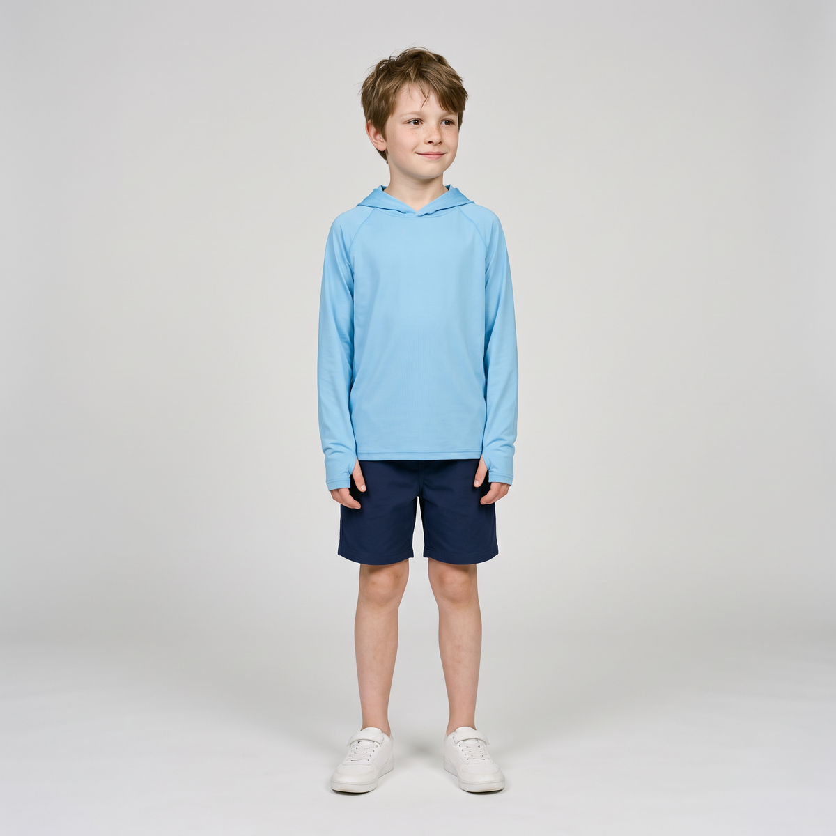 Kids' Sun Hoodie in Sky Blue, full length with thumbholes