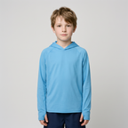 Kids' Sun Hoodie in Sky Blue, front view on a child