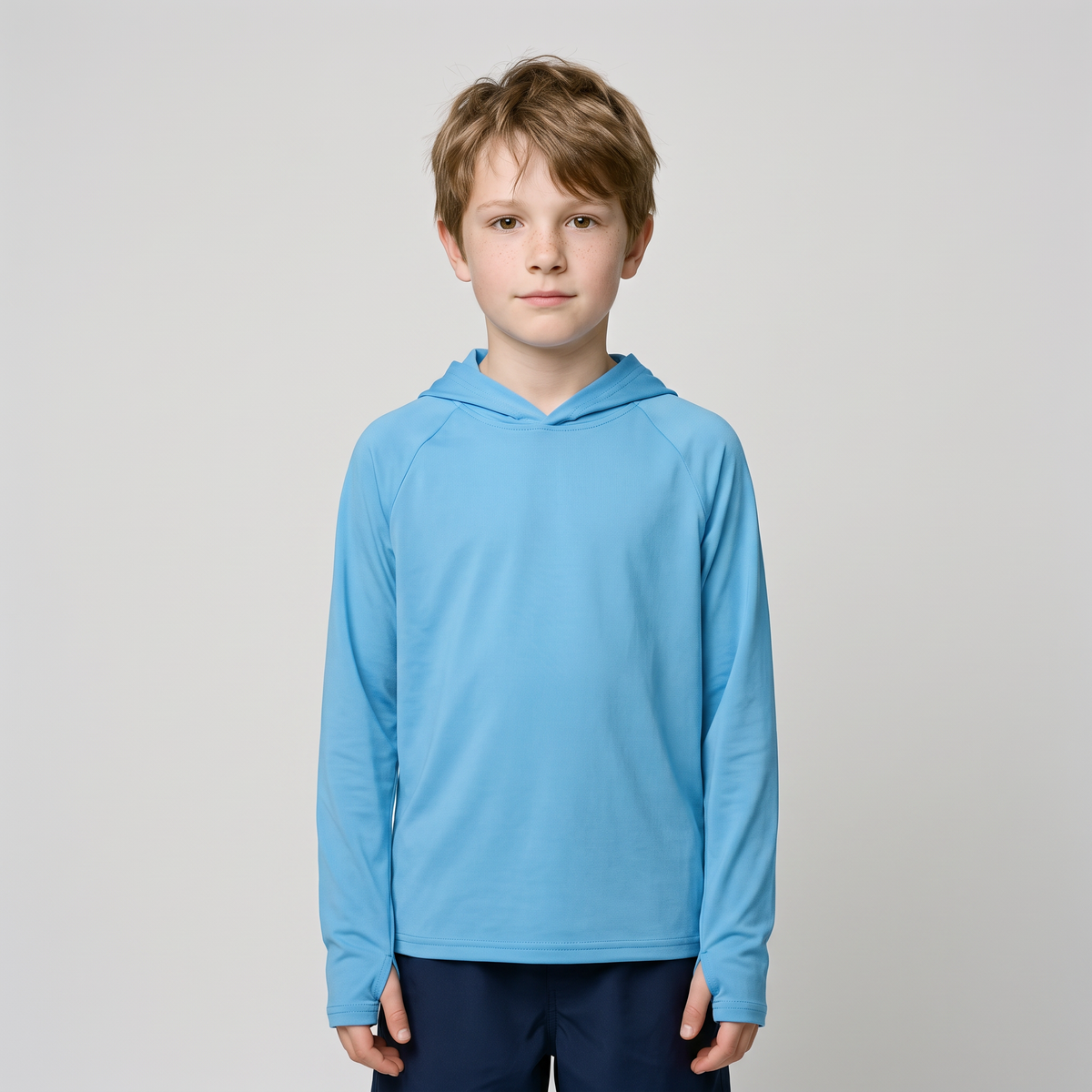 Kids' Sun Hoodie in Sky Blue, front view on a child