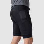 Cycling shorts worn, three quarter side view showing the hip pocket