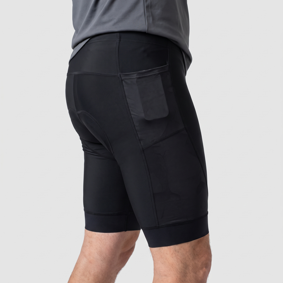 Cycling shorts worn, three quarter side view showing the hip pocket