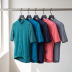 All five cycling jersey colourways on a rail