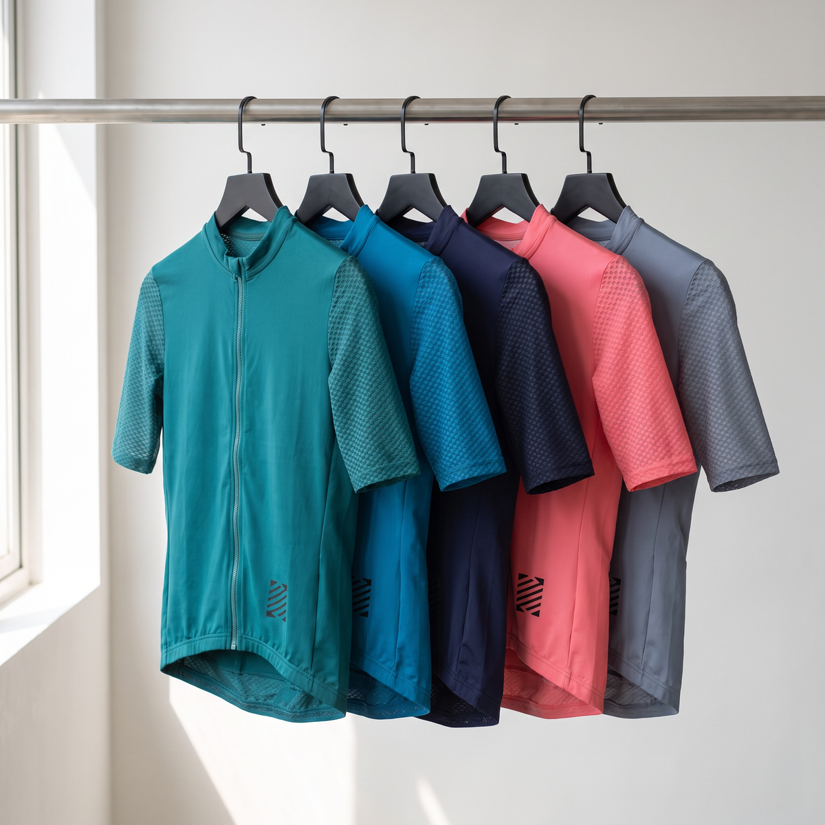 All five cycling jersey colourways on a rail