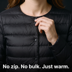 Hidden-button placket close up: no zip, no bulk, just warm