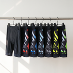 All seven colourways of the cycling shorts on a rail