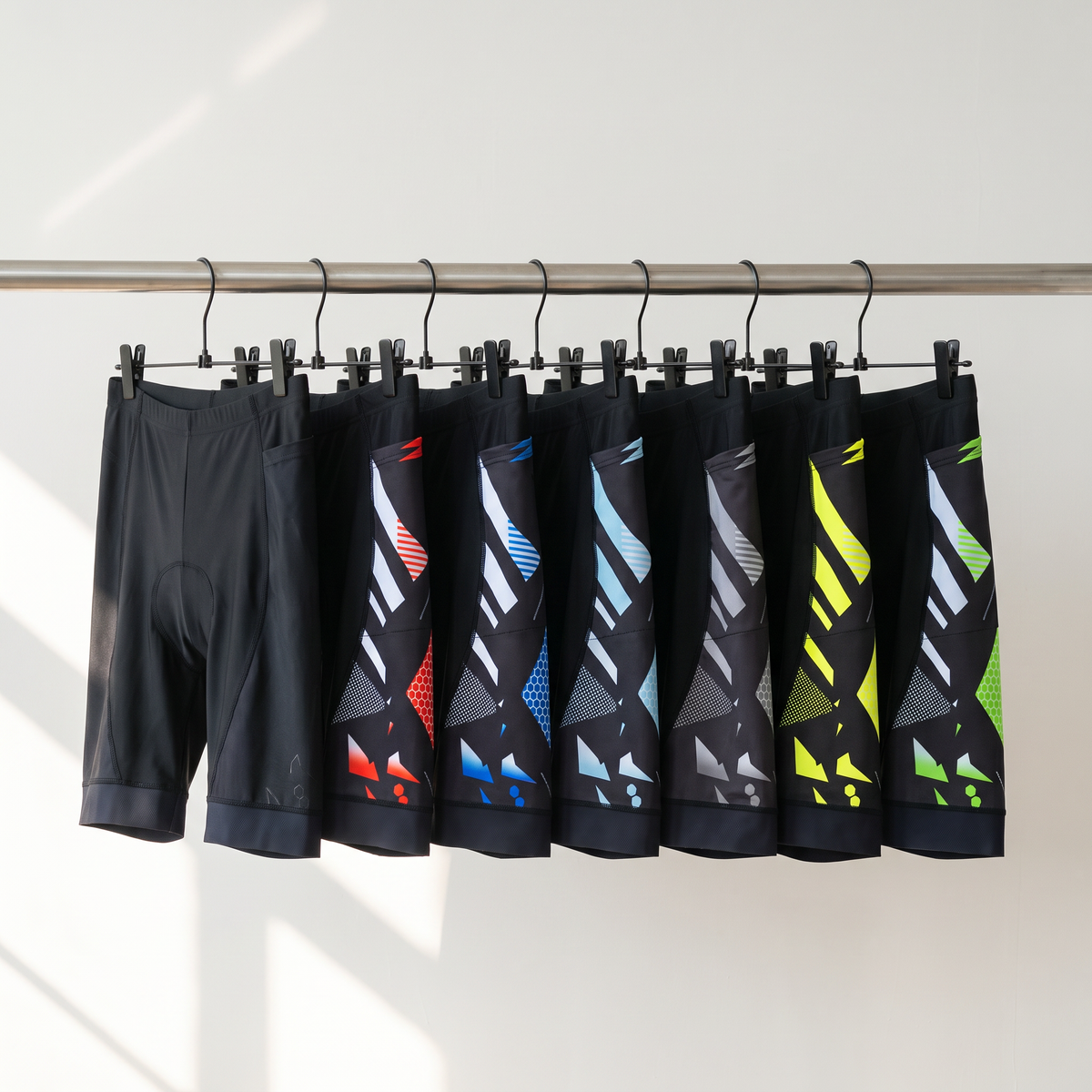 All seven colourways of the cycling shorts on a rail