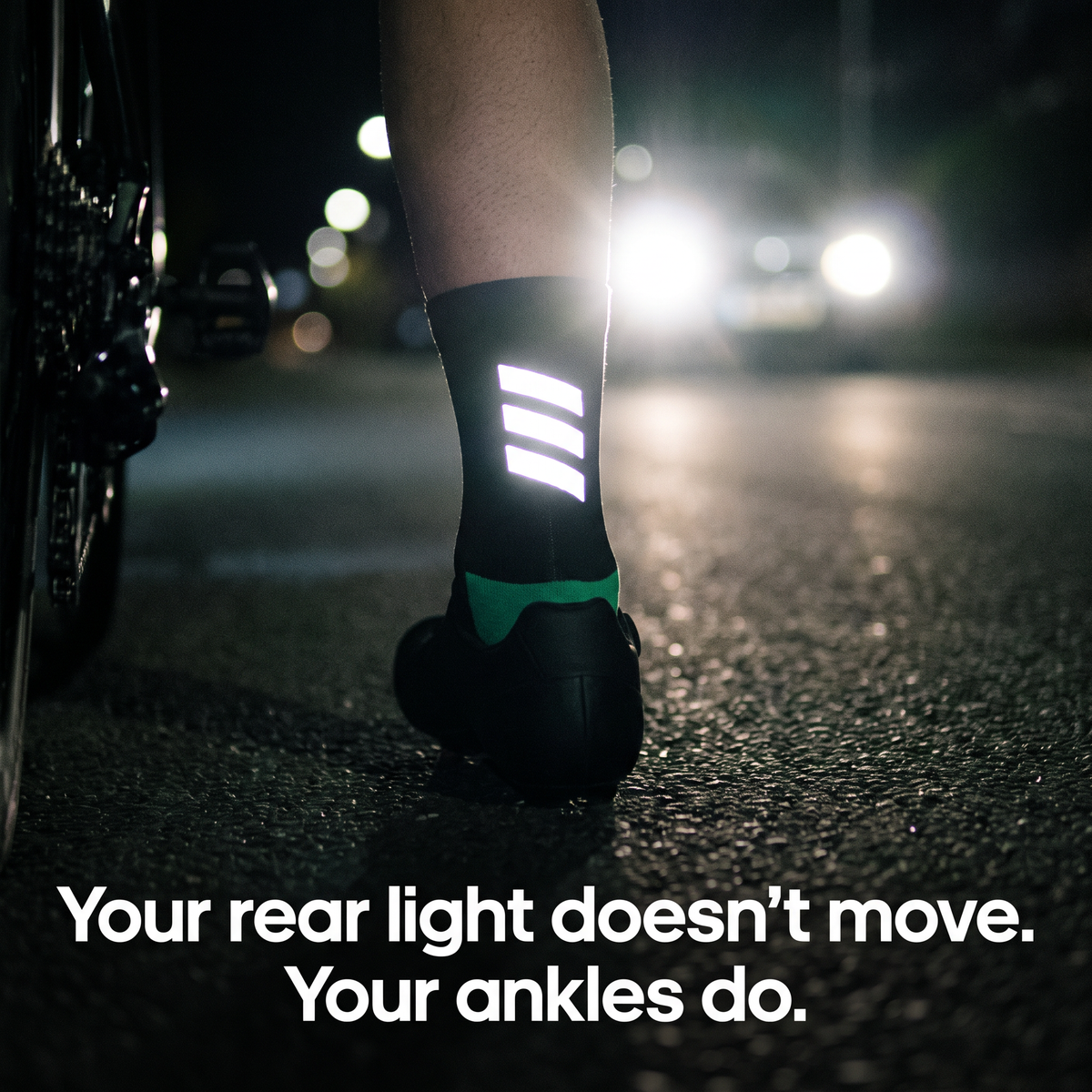 Reflective bars on the back of the sock cuff flaring under headlights from behind at night