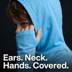 Ears, neck, hands covered: hood up and thumbhole cuff close up