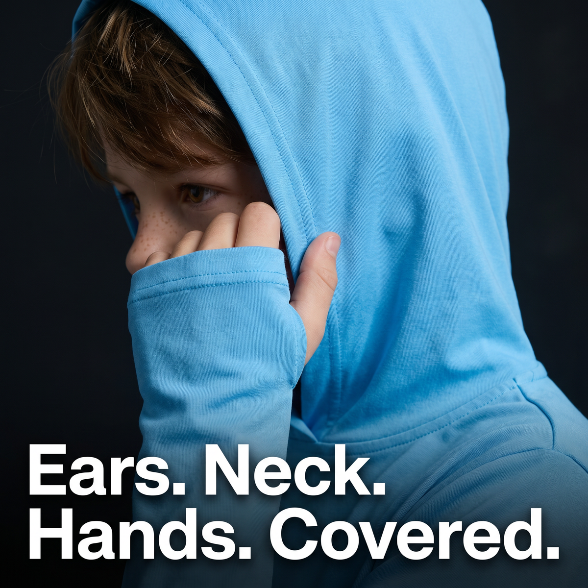 Ears, neck, hands covered: hood up and thumbhole cuff close up