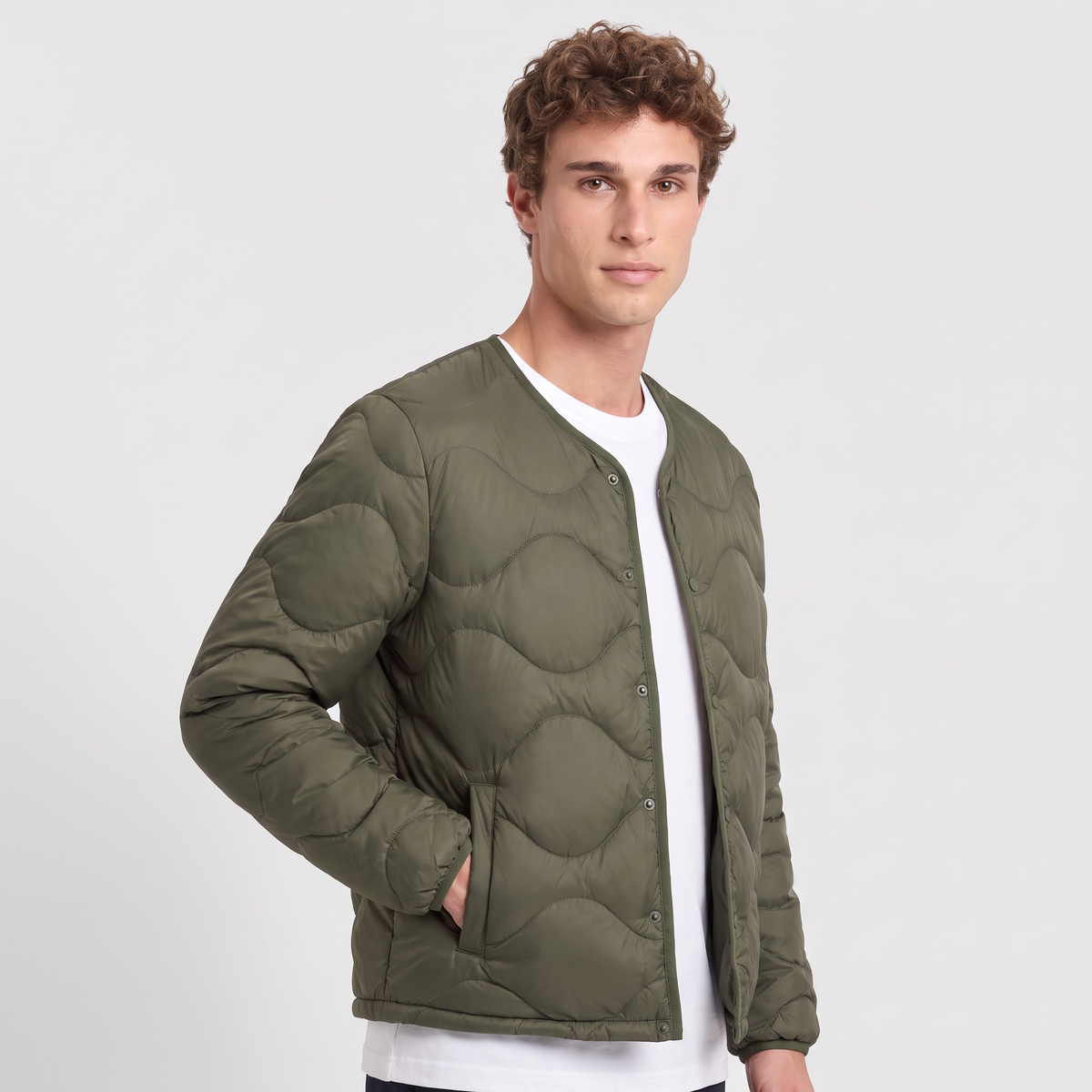 Terrabound Men's Puffer Jacket in Army Green, three-quarter view