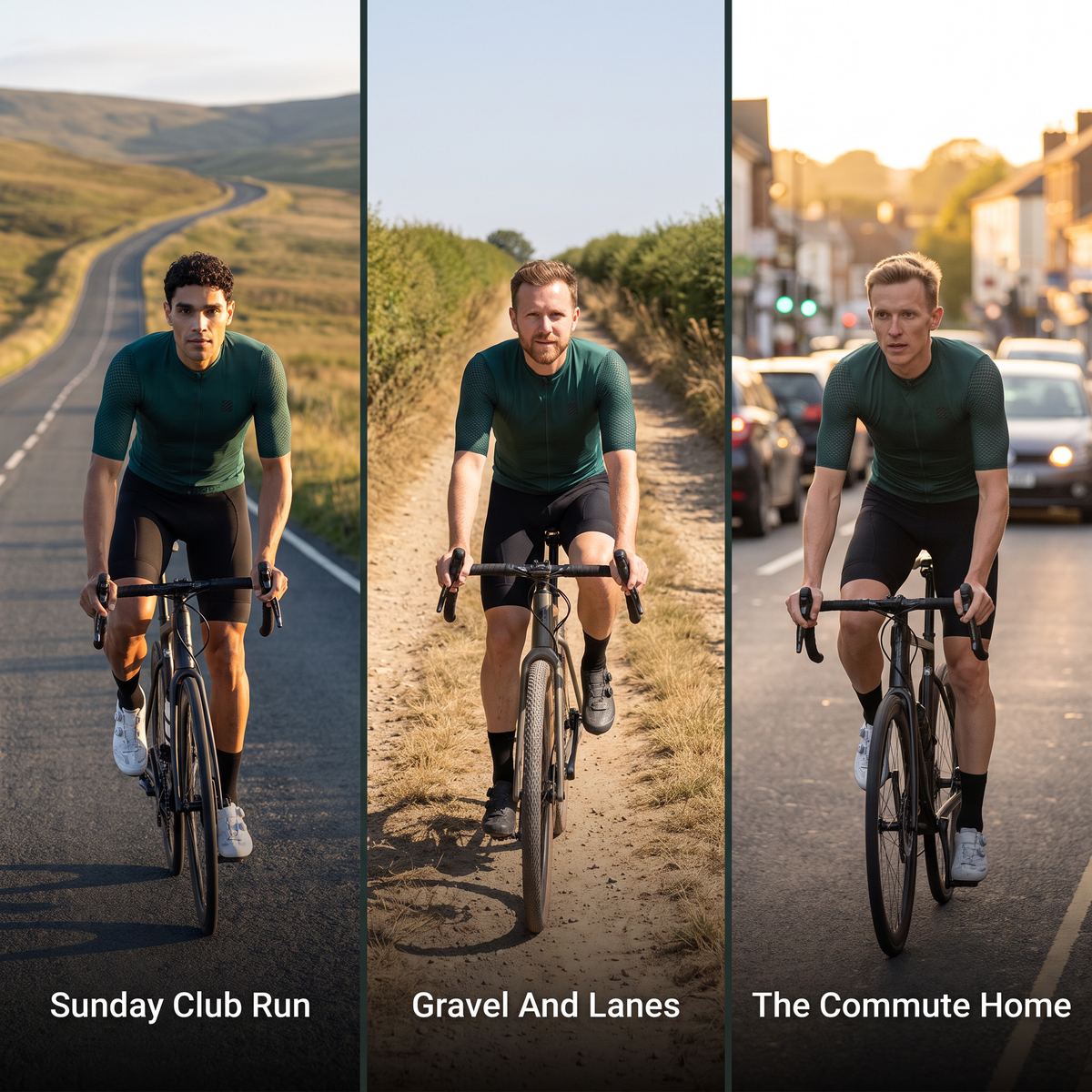 Three riders wearing the jersey on a club run, gravel lanes and a commute