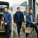 Terrabound Men's Fleece Jacket worn at the car boot with a dog, under a waterproof on a coast path, and on a cafe bench