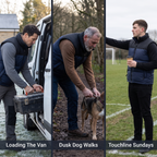 Three men wearing the down gilet while loading a van, walking a dog and on a touchline