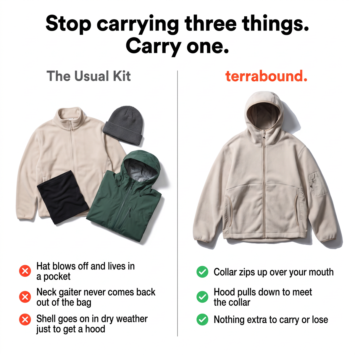 One jacket replaces a fleece, a hat and a neck gaiter