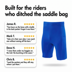 Four illustrative customer review cards about carrying a bottle and gels without a saddle bag