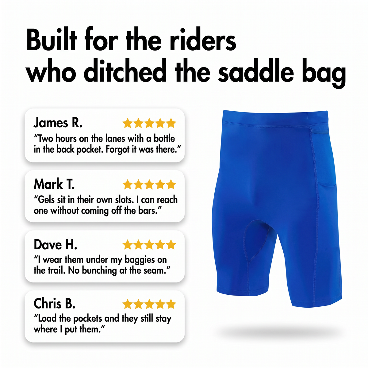 Four illustrative customer review cards about carrying a bottle and gels without a saddle bag
