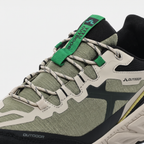 Close-up of the ripstop mesh upper, lace loops and tongue tab on Terrabound Men's Trail Shoes in Olive