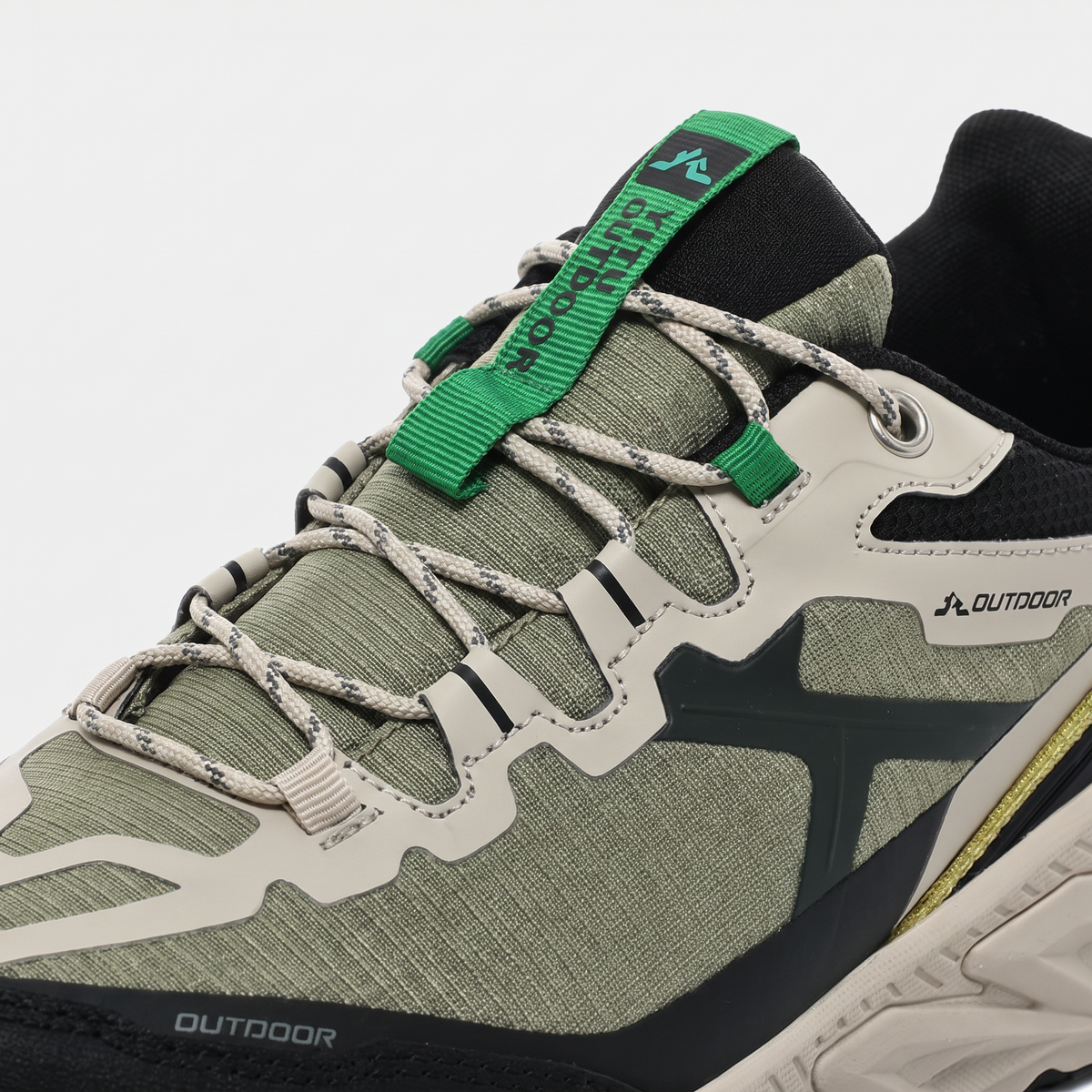Close-up of the ripstop mesh upper, lace loops and tongue tab on Terrabound Men's Trail Shoes in Olive