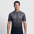 Men's cycling jersey in black, front view worn