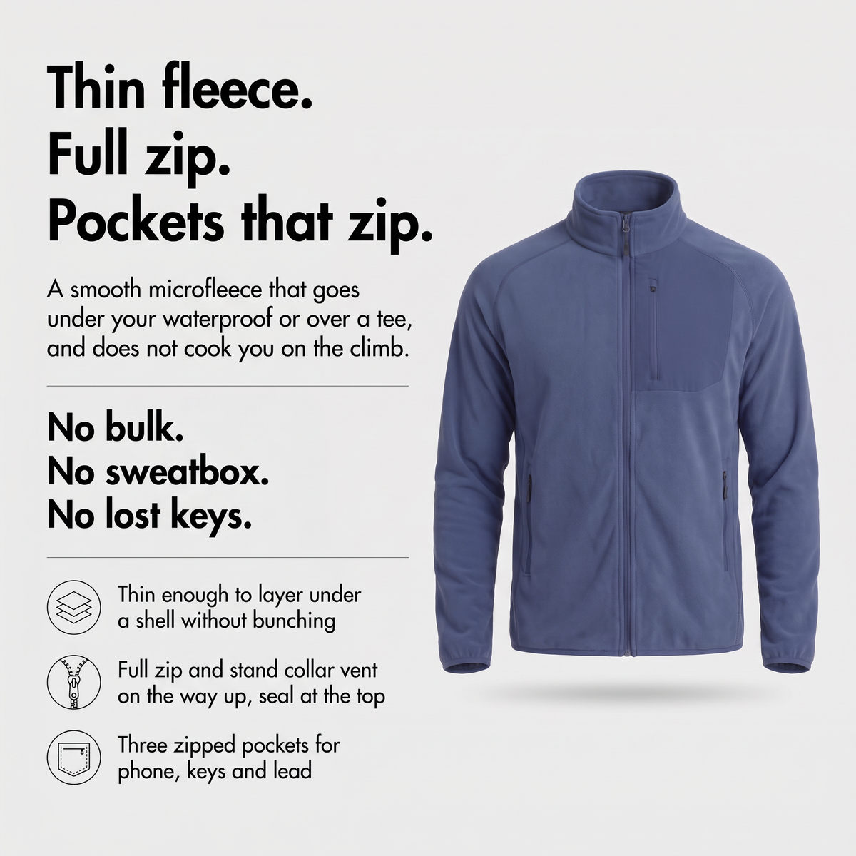 Thin fleece, full zip, pockets that zip: Terrabound Men's Fleece Jacket infographic