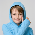 Kids' Sun Hoodie hood up with thumb through the cuff thumbhole