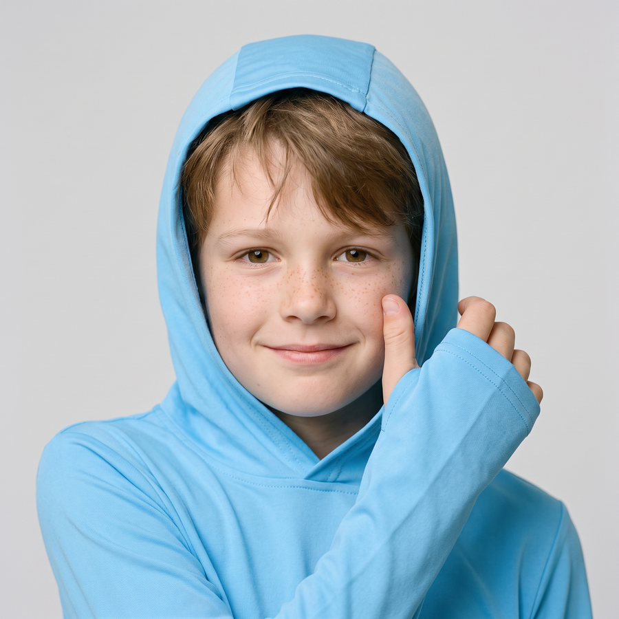 Close-up of the hood up and a thumb through the cuff thumbhole on the Kids' Sun Hoodie