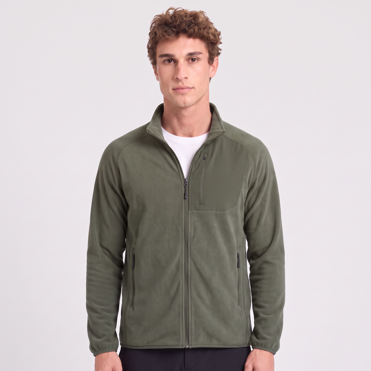 Terrabound Men's Fleece Jacket in Army Green, worn front view