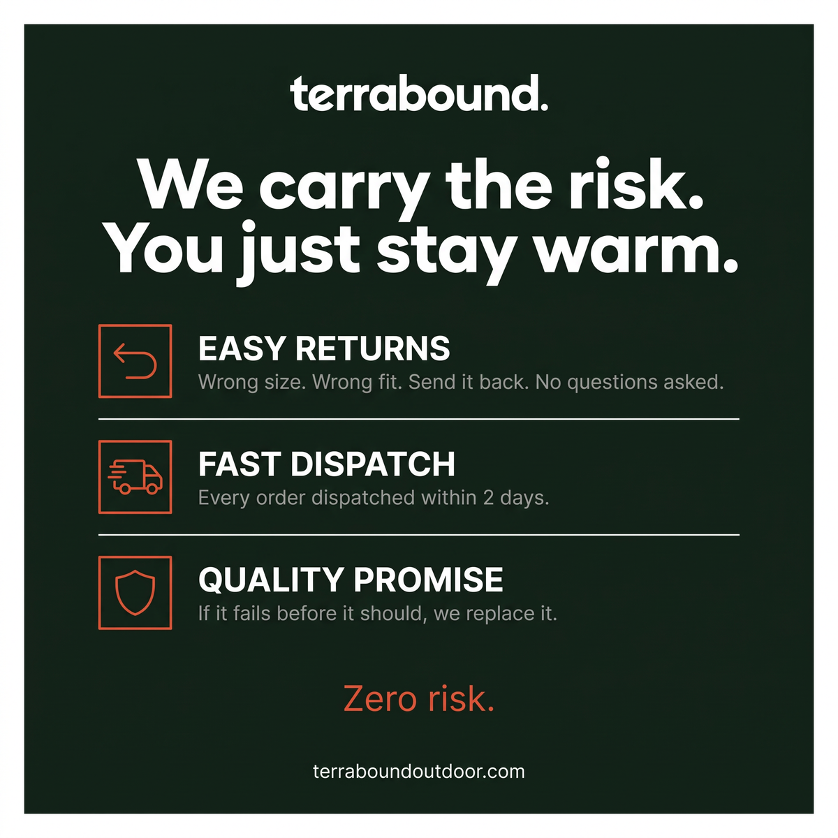 Terrabound guarantees: easy returns, fast dispatch, quality promise