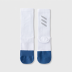 Cycling socks in Reflective White, white leg with a navy foot