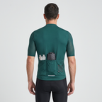 Rear pockets loaded with a packable jacket and gels, hem holding level