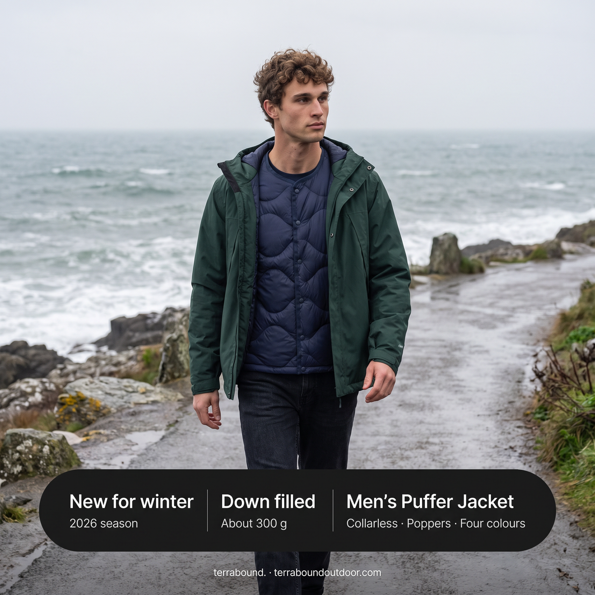 Man on a coastal path wearing the Men's Puffer Jacket under a waterproof, down filled, about 300 g, new for winter 2026