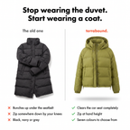 A long black puffer compared with the short hooded down jacket on the practical differences