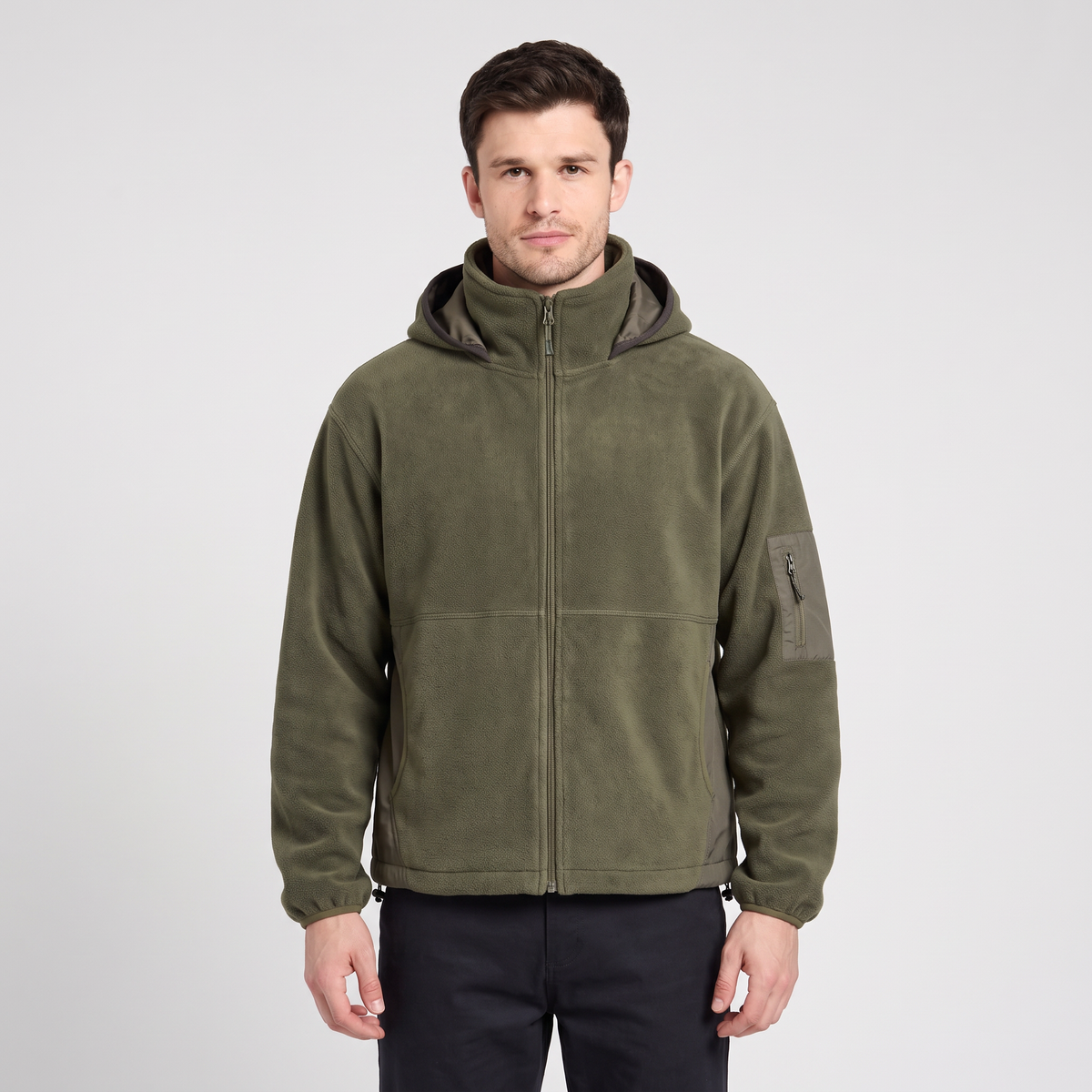 Men's hooded fleece jacket in Army Green worn front view