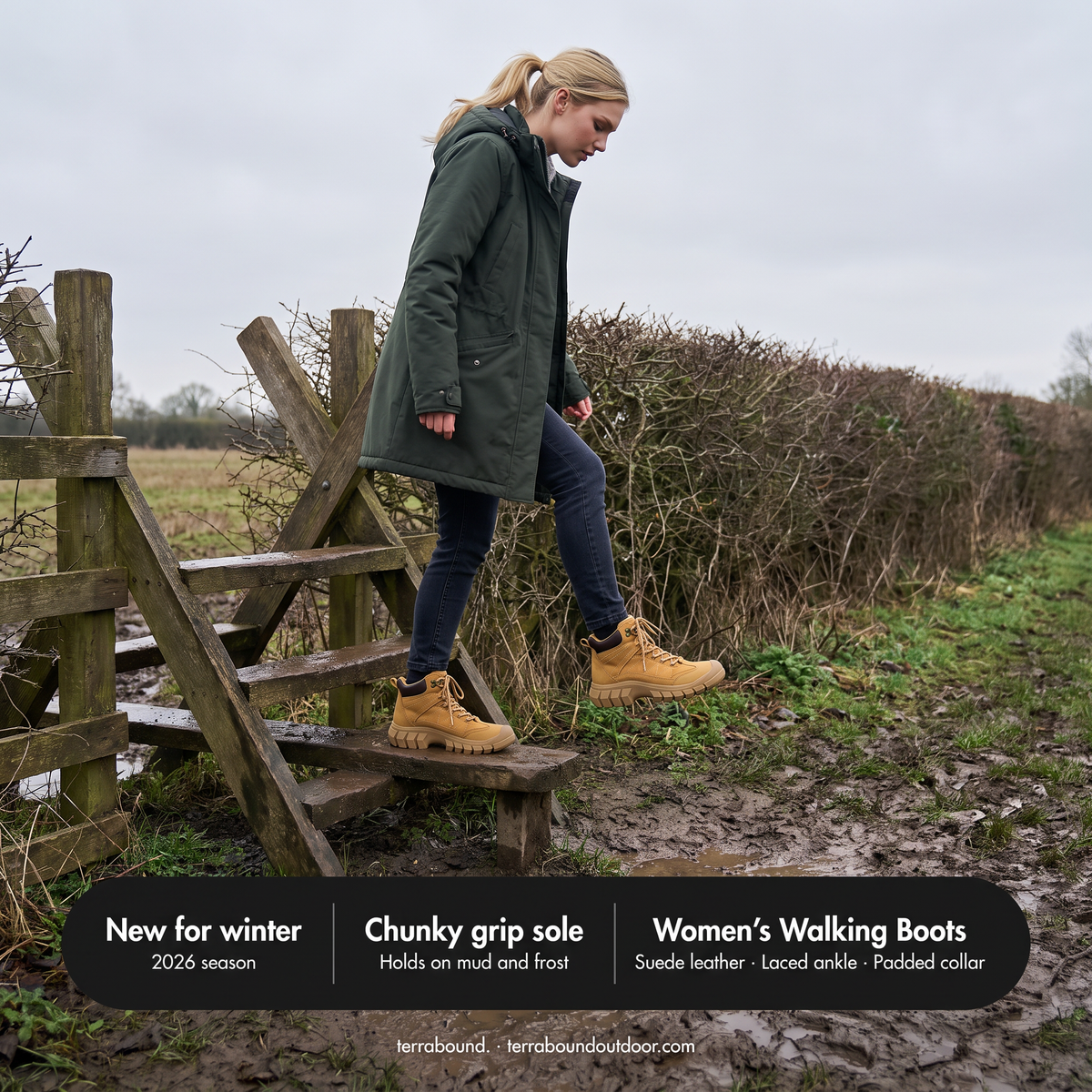 Woman crossing a stile in Women's Walking Boots, chunky grip sole, suede leather, new for winter 2026