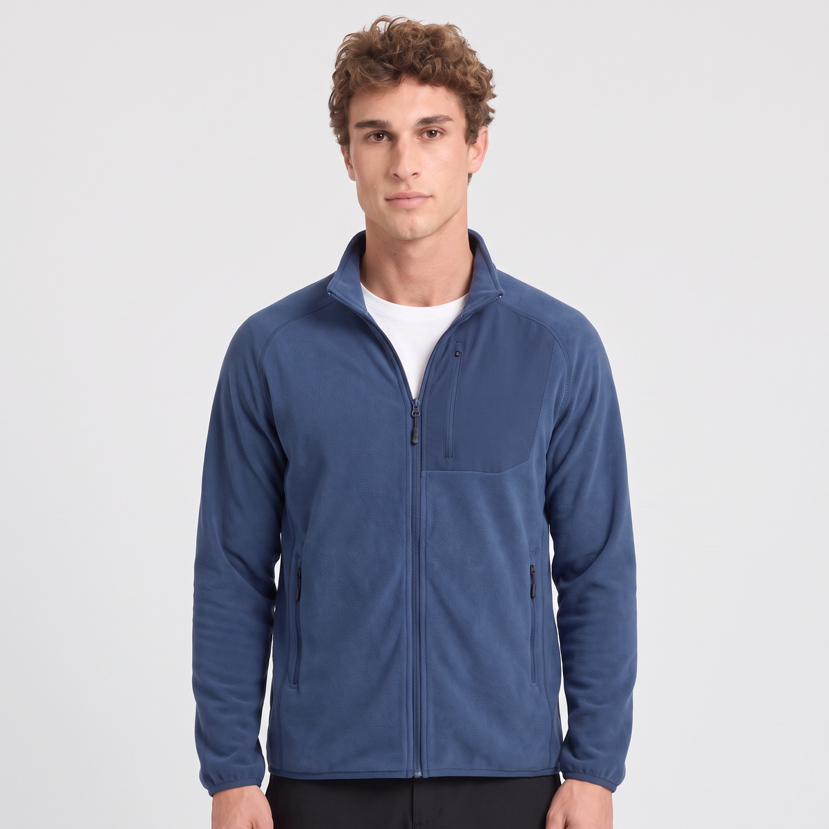 Terrabound Men's Fleece Jacket in Navy, lightweight zip up microfleece with stand collar, worn front view