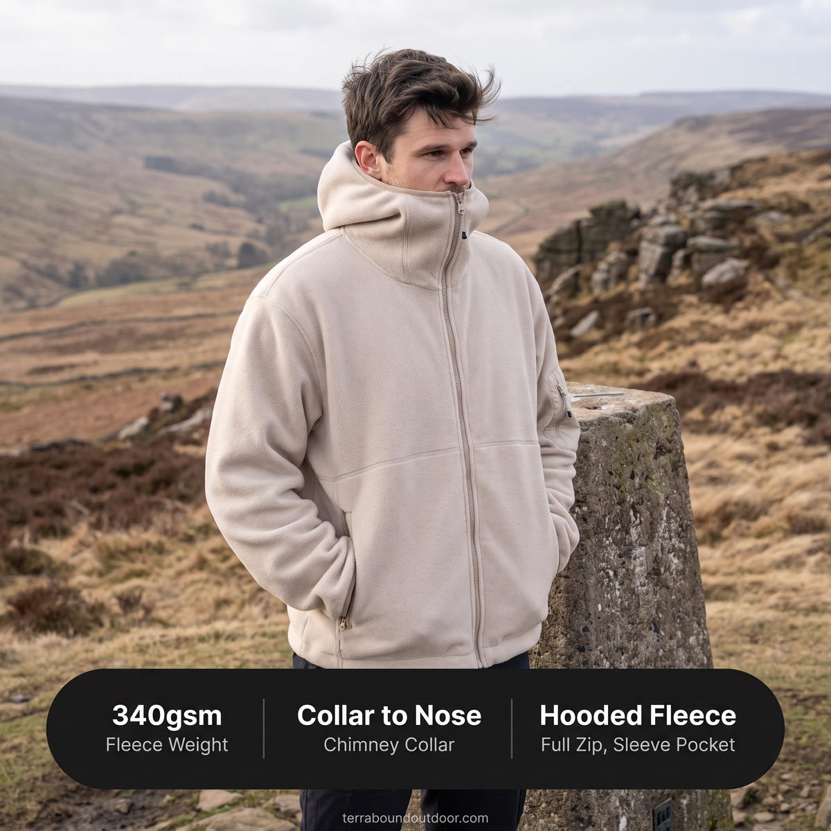 Key specifications, 340gsm fleece with a chimney collar to the nose