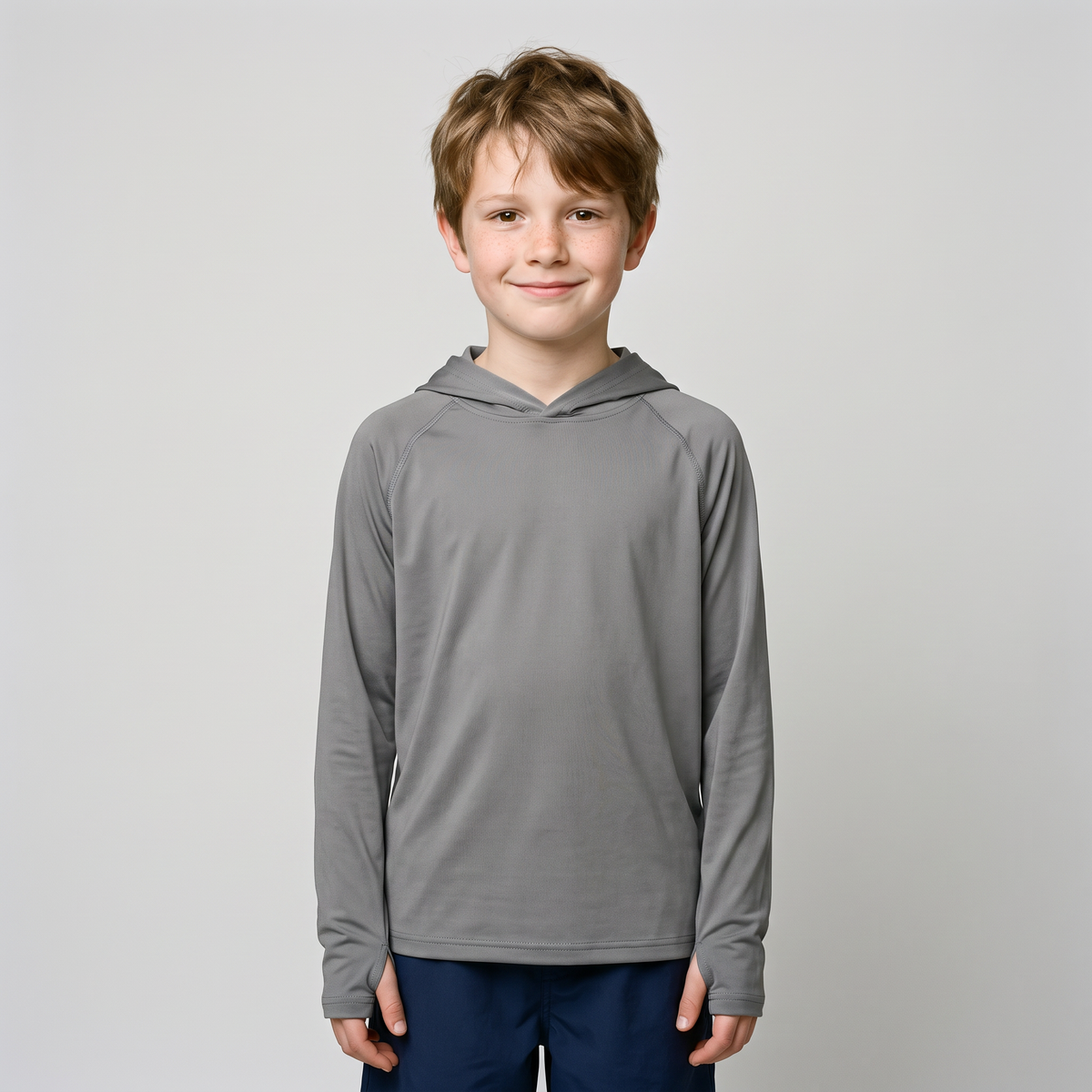 Kids' Sun Hoodie in Dark Grey, front view on a child