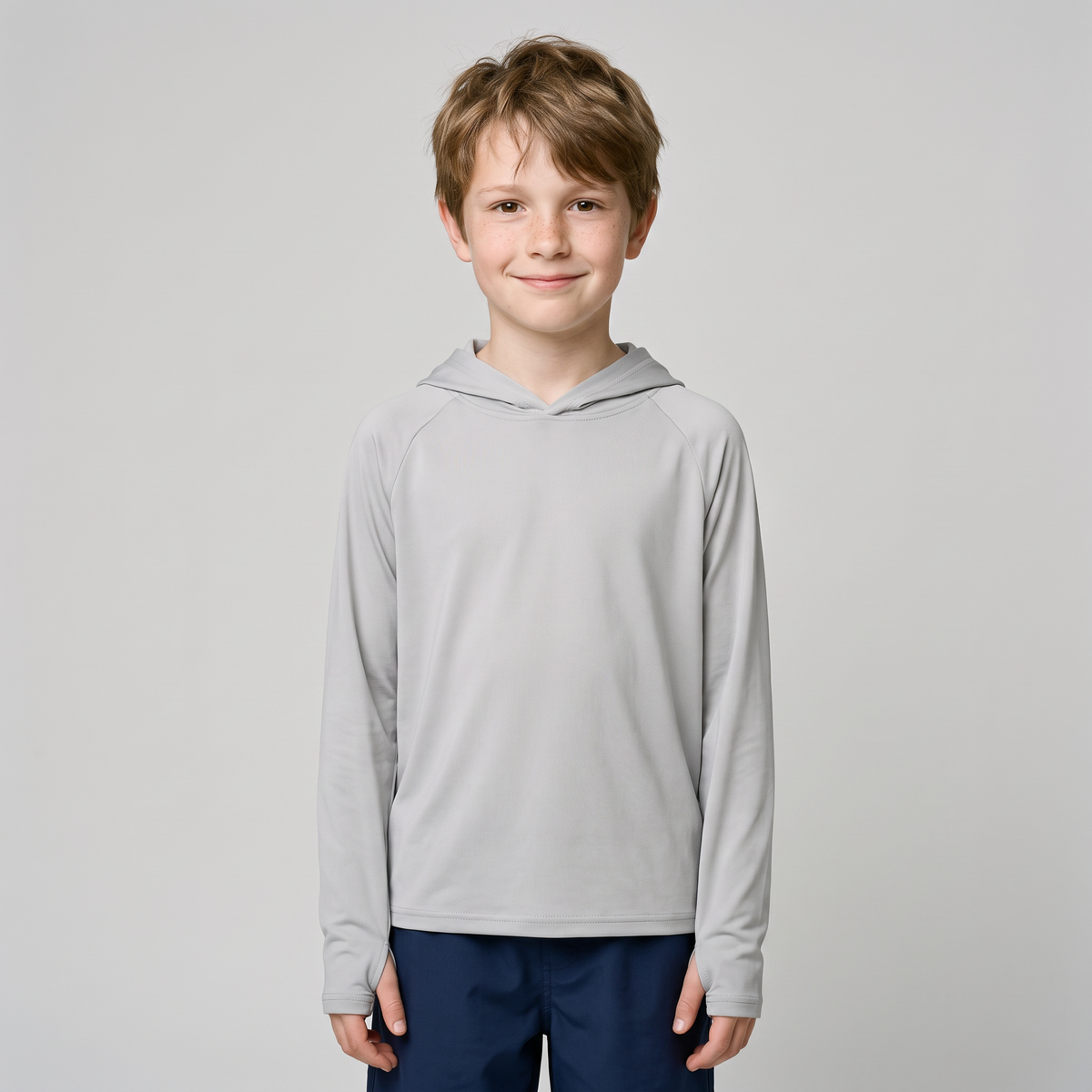 Kids' Sun Hoodie in Light Grey, front view on a child