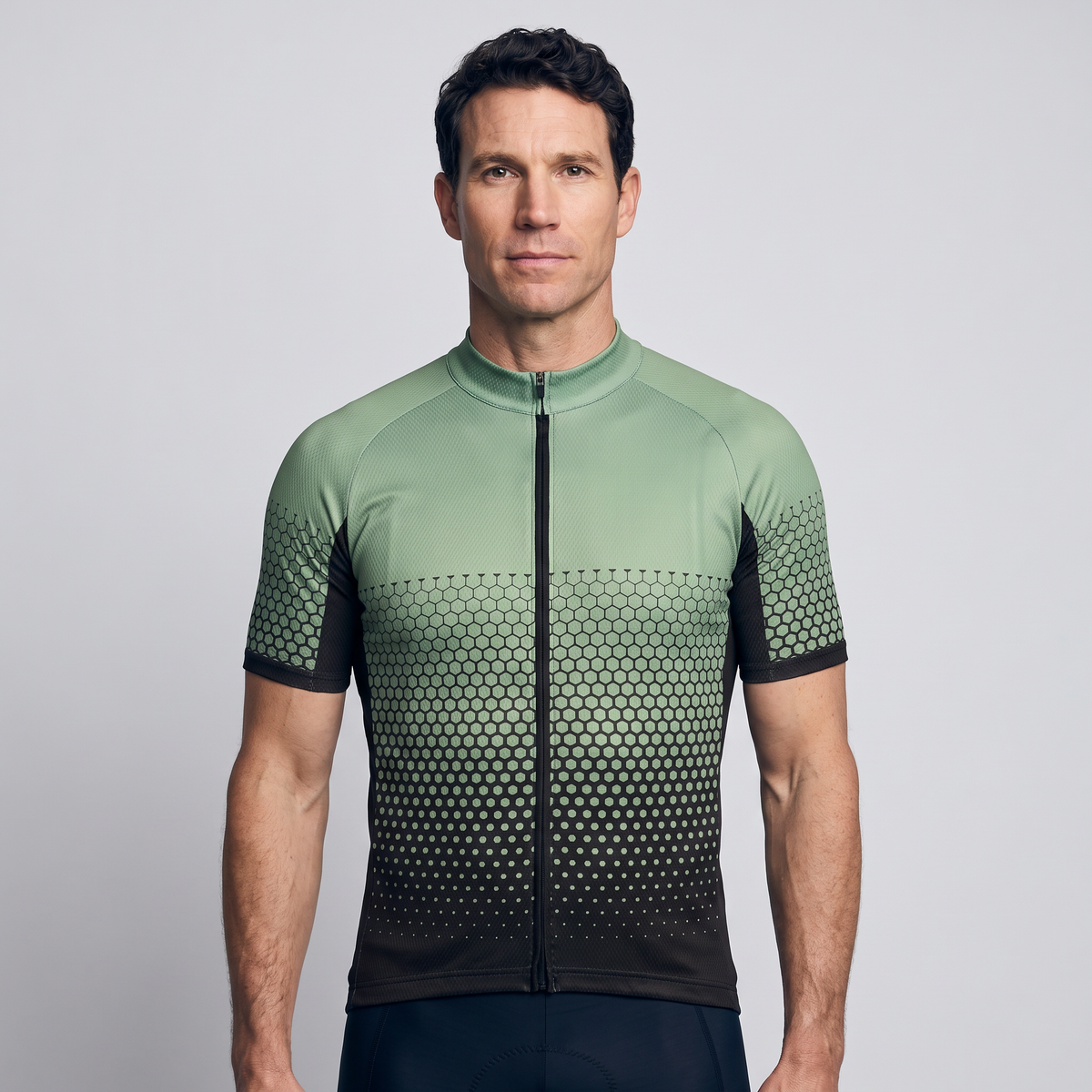 Men's cycling jersey in green, front view worn
