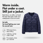 Warm inside, flat under a coat, still just a jacket: real down, collarless, five poppers