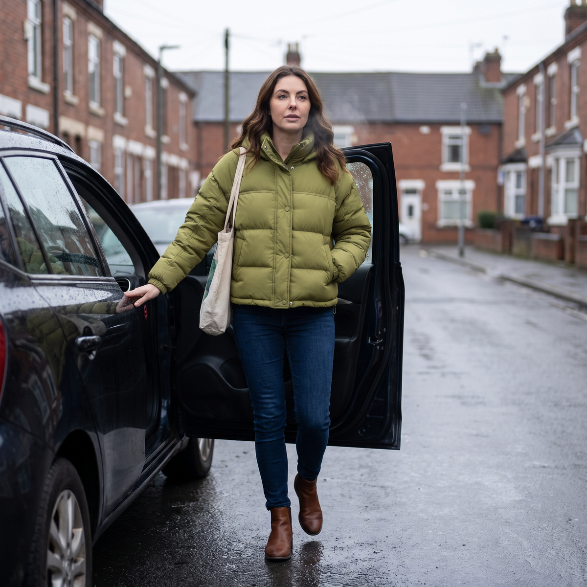 Woman stepping out of a car on a wet British street wearing the Green hooded short down puffer jacket