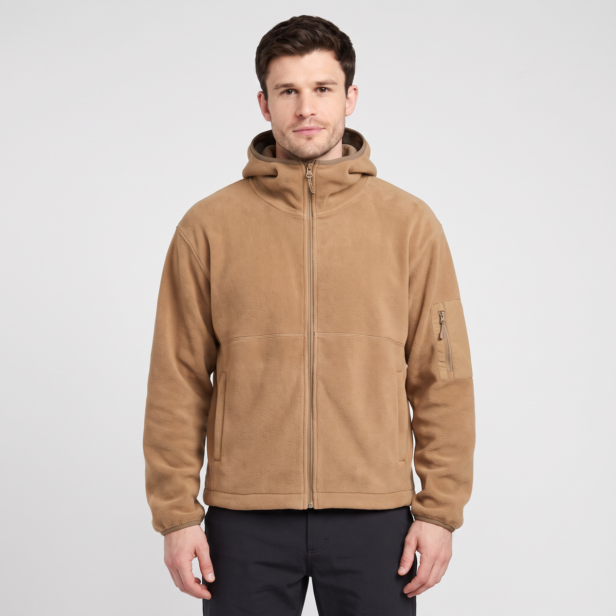 Men's hooded fleece jacket in Khaki worn front view