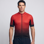 Men's cycling jersey in red, front view worn